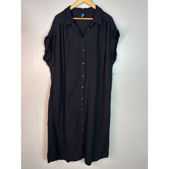 Old Navy Midi Shirt Dress XL Black Cotton Gauze Button-Through Short Sleeves - Picture 1 of 8